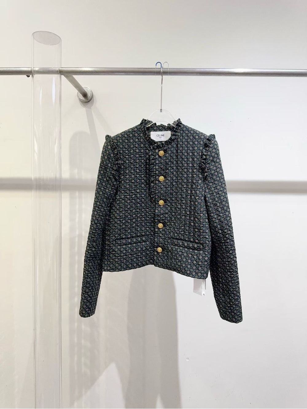 Celine Green Patterned Tweed Blazer with Gold Buttons